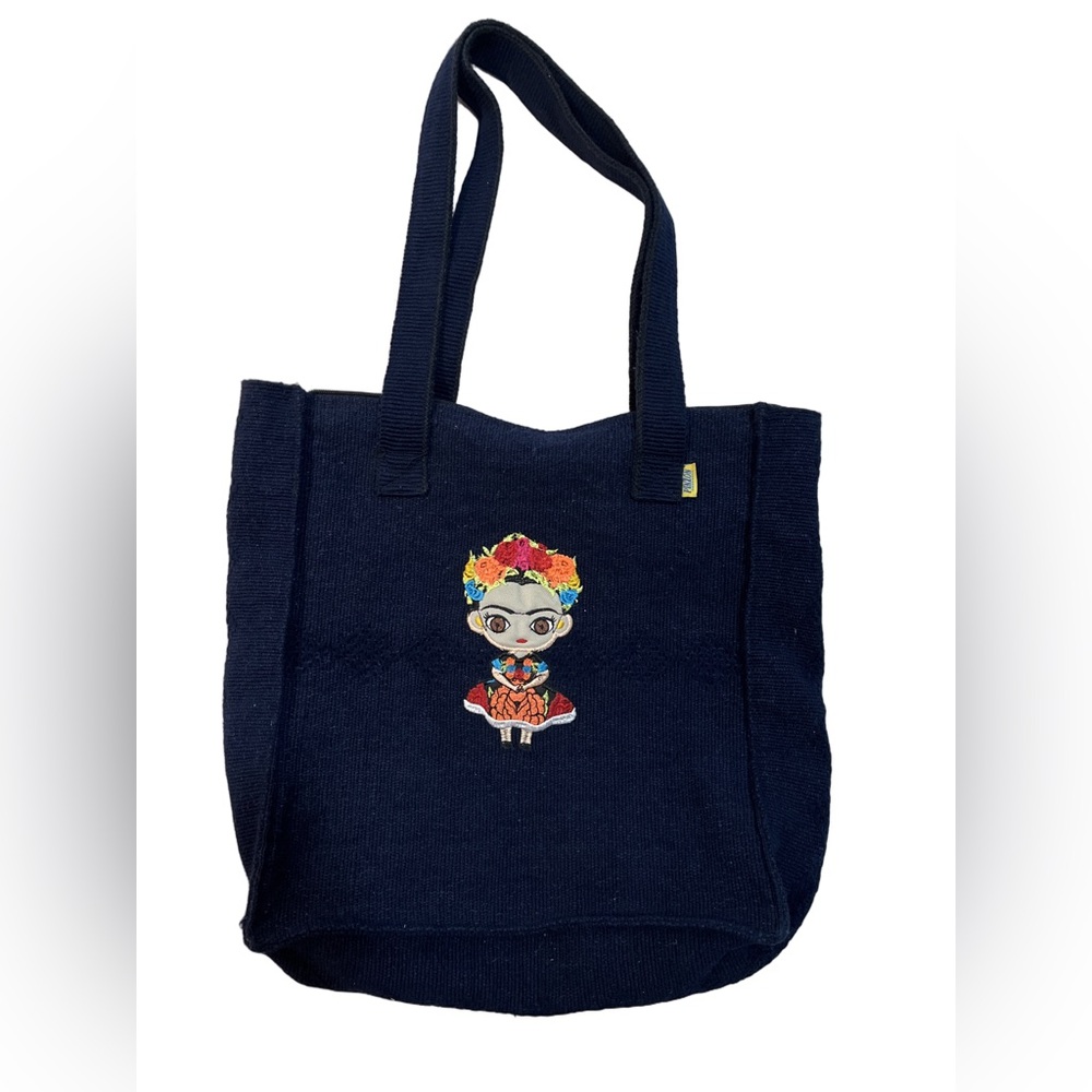Frida Kahlo Embroidered Appliqué Navy Blue Cotton Tote Bag feminism Mexican